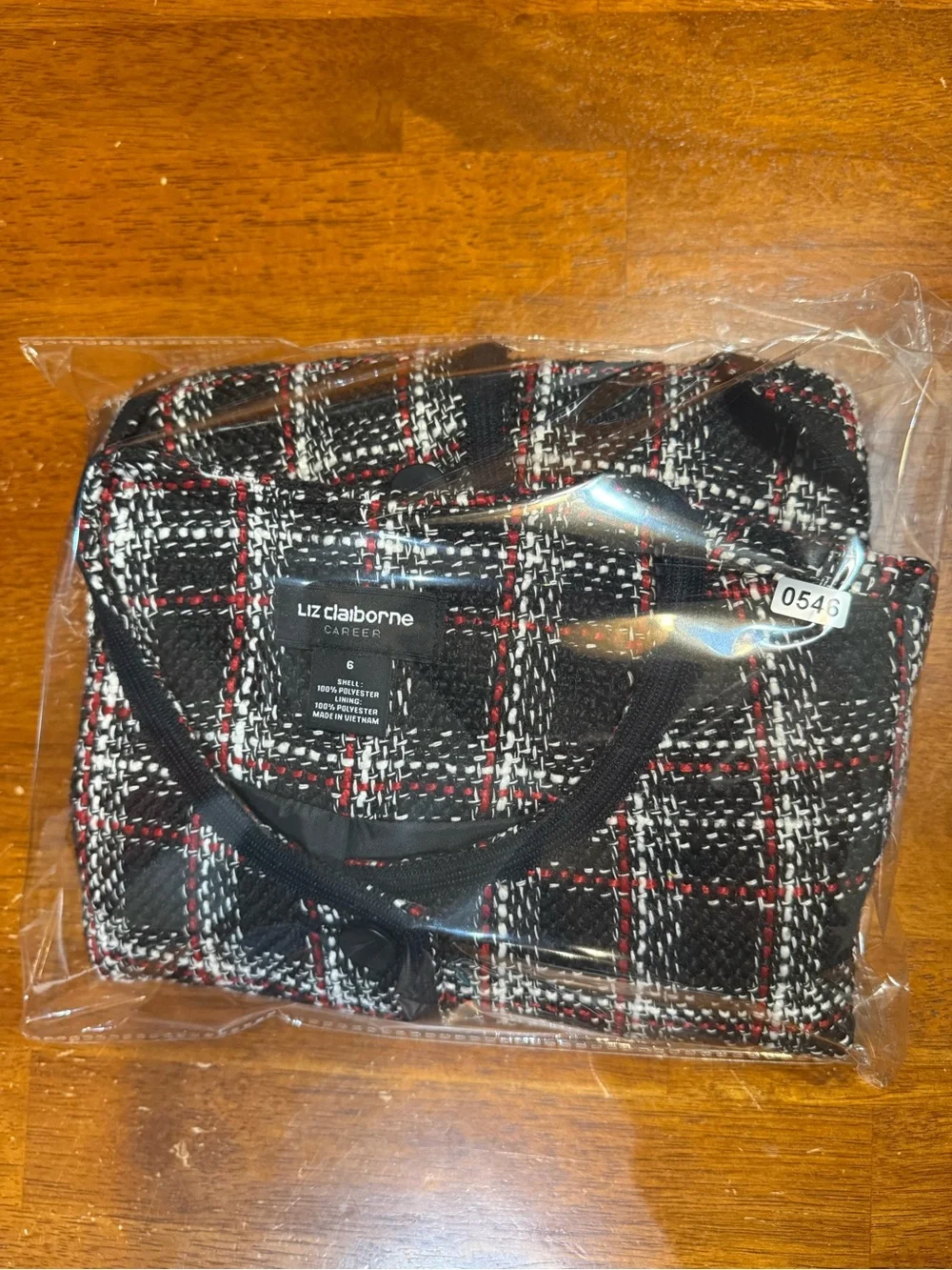 Liz Claiborne Black Tweed Jacket with Red & White Plaid Trim